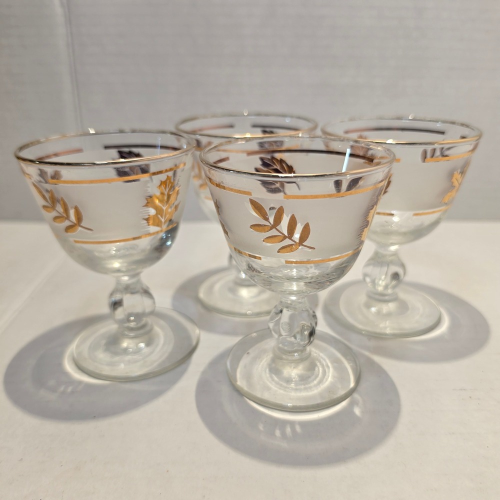 Vintage Libbey Golden Foliage Cordial Glasses Set of 4 Gold Leaf Stemmed Barware
